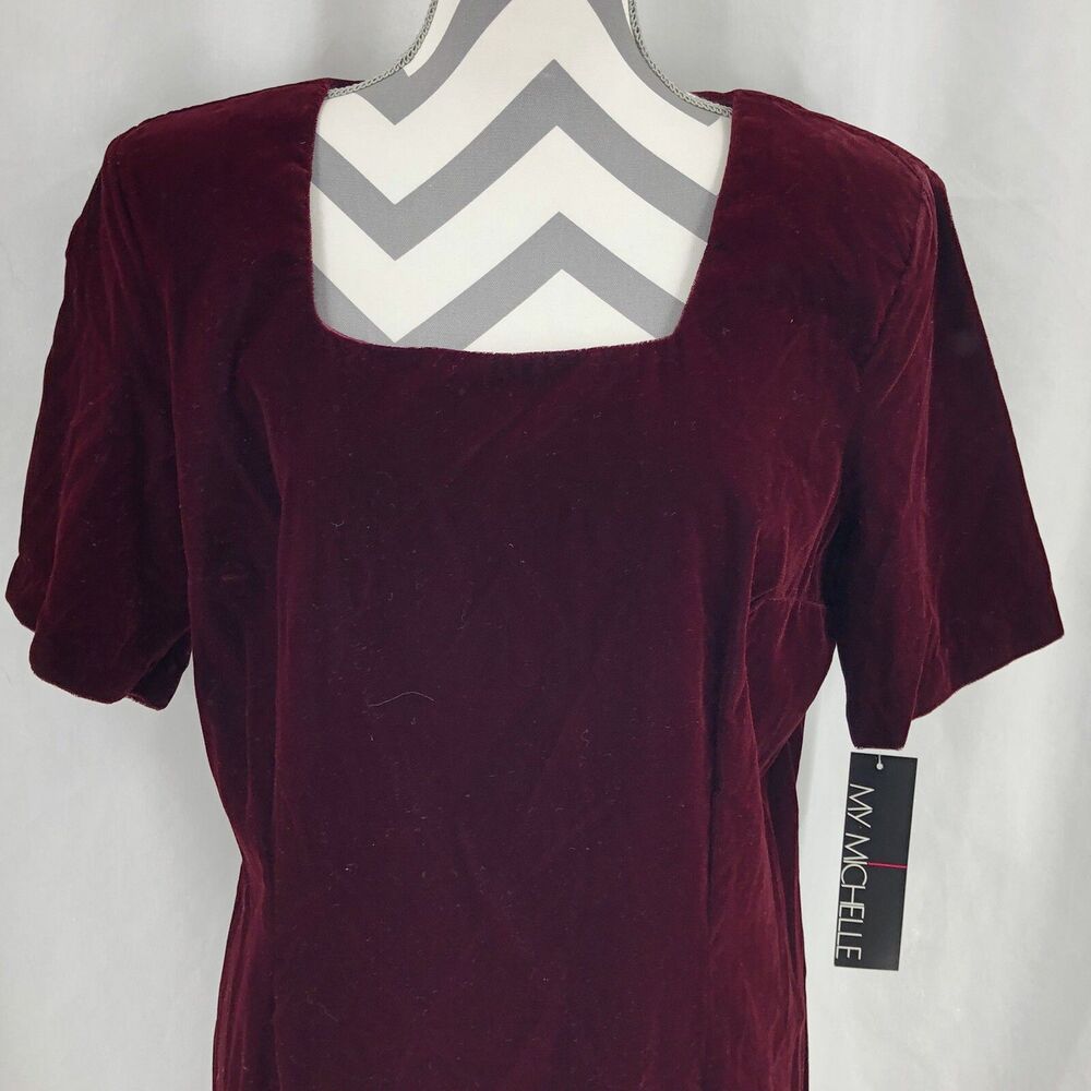 My Michelle Deep Burgundy Red Velvet Velour Short Sleeve Midi Dress 18 NWT